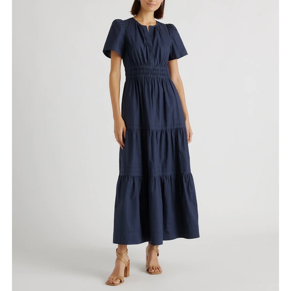 Quince Tiered Maxi Dress Womens Size Medium Organic Cotton Poplin Puff Sleeve - Picture 10 of 11